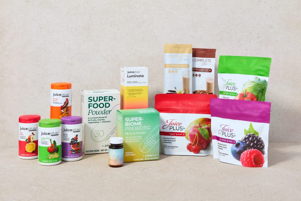 The Juice Plus+ family of products: capsules, chewables, Superfood Powder, Complete shakes and more